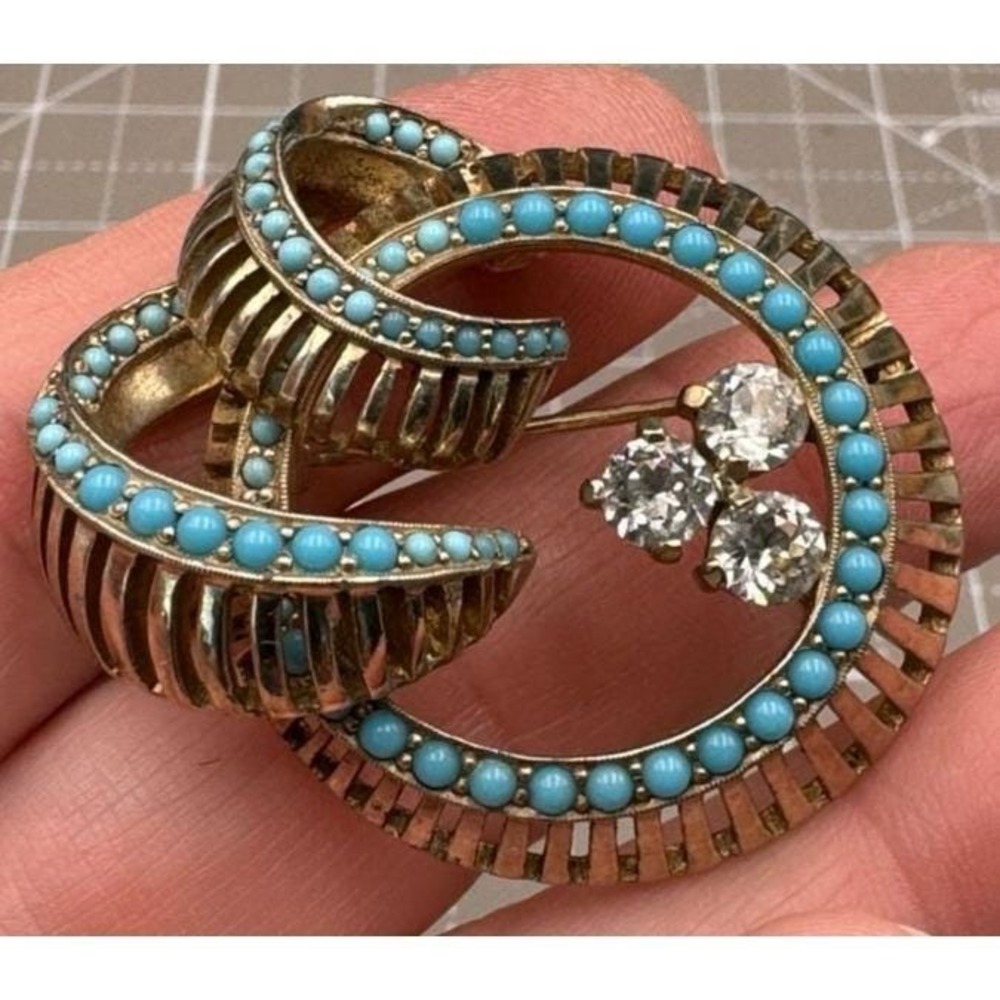 Vintage Jomaz Joseph Mazer Faux Turquoise Rhinestone Swirl Brooch 2 5/8"